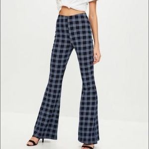 Blue plaid jersey kick flare pants